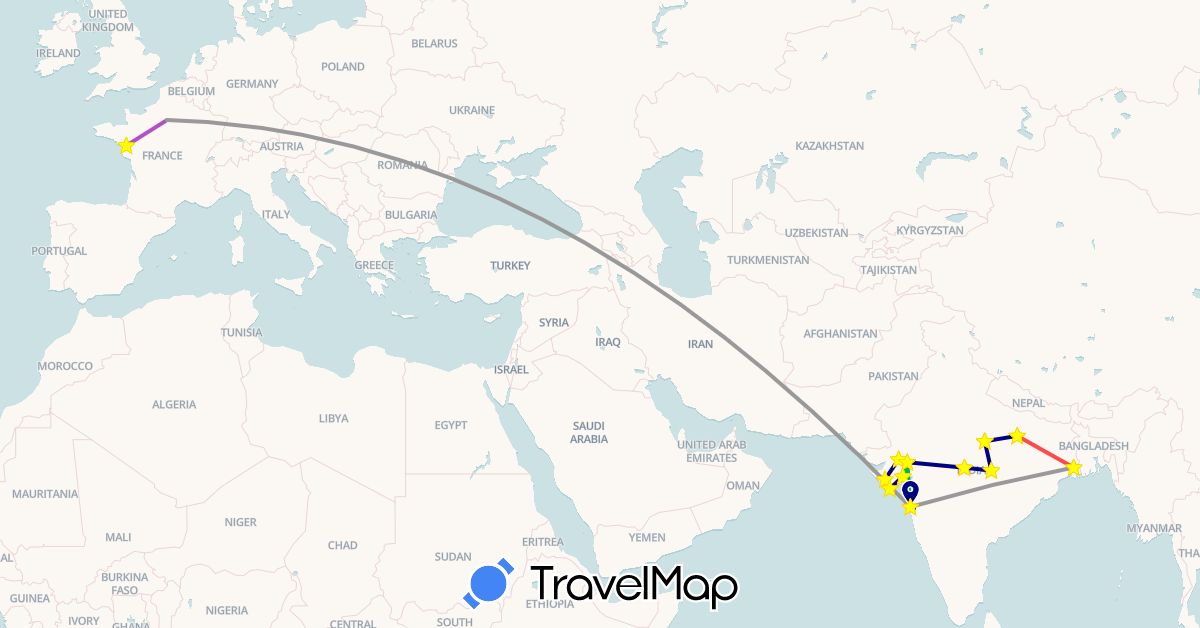 TravelMap itinerary: driving, bus, plane, train, hiking, jeep in France, India (Asia, Europe)