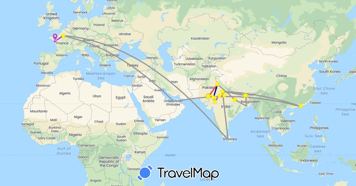 TravelMap itinerary: driving, bus, plane, train, hiking, jeep miteuse, dromadaire in United Arab Emirates, France, Hong Kong, India, Sri Lanka (Asia, Europe)